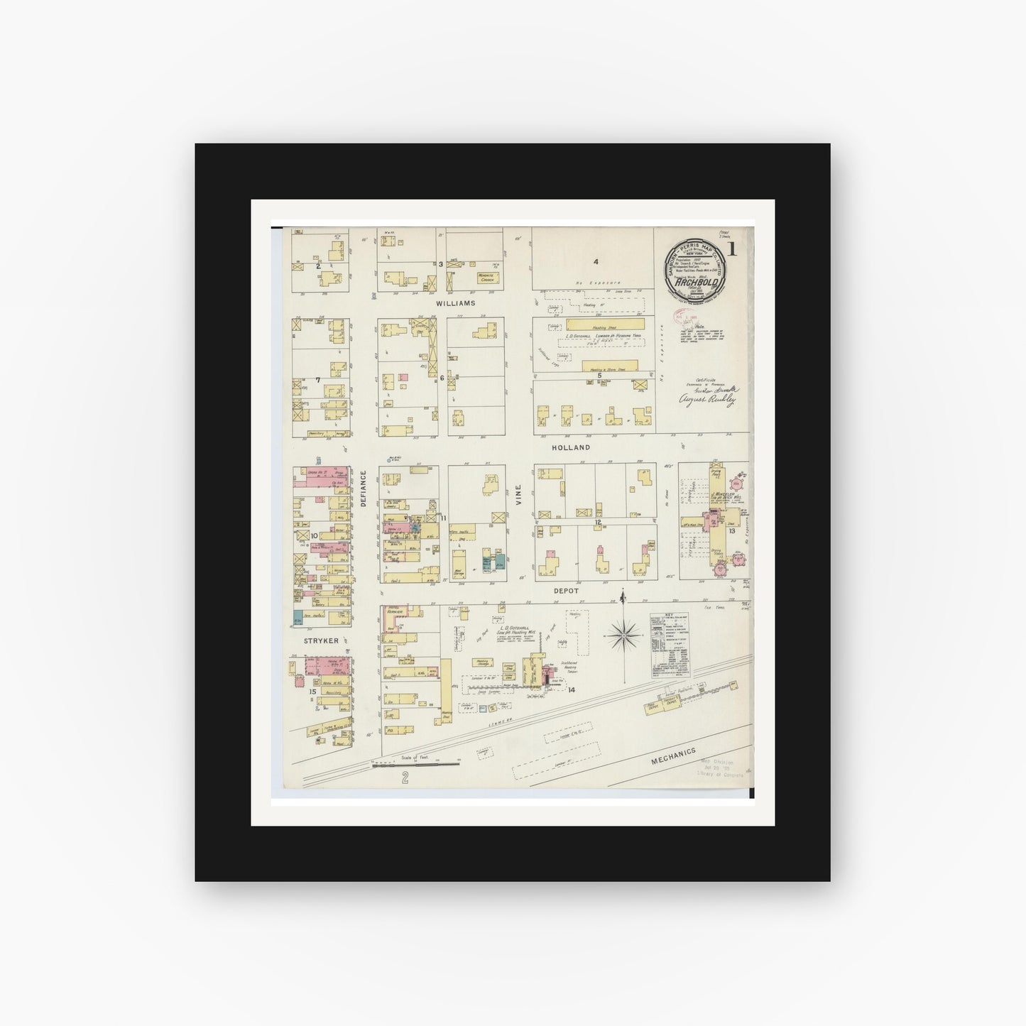 Old map wall art mockup — black gallery frame with white mat — Sanborn Fire Insurance Map from Archbold, Fulton County, Ohio (1895) - Complete Map Set