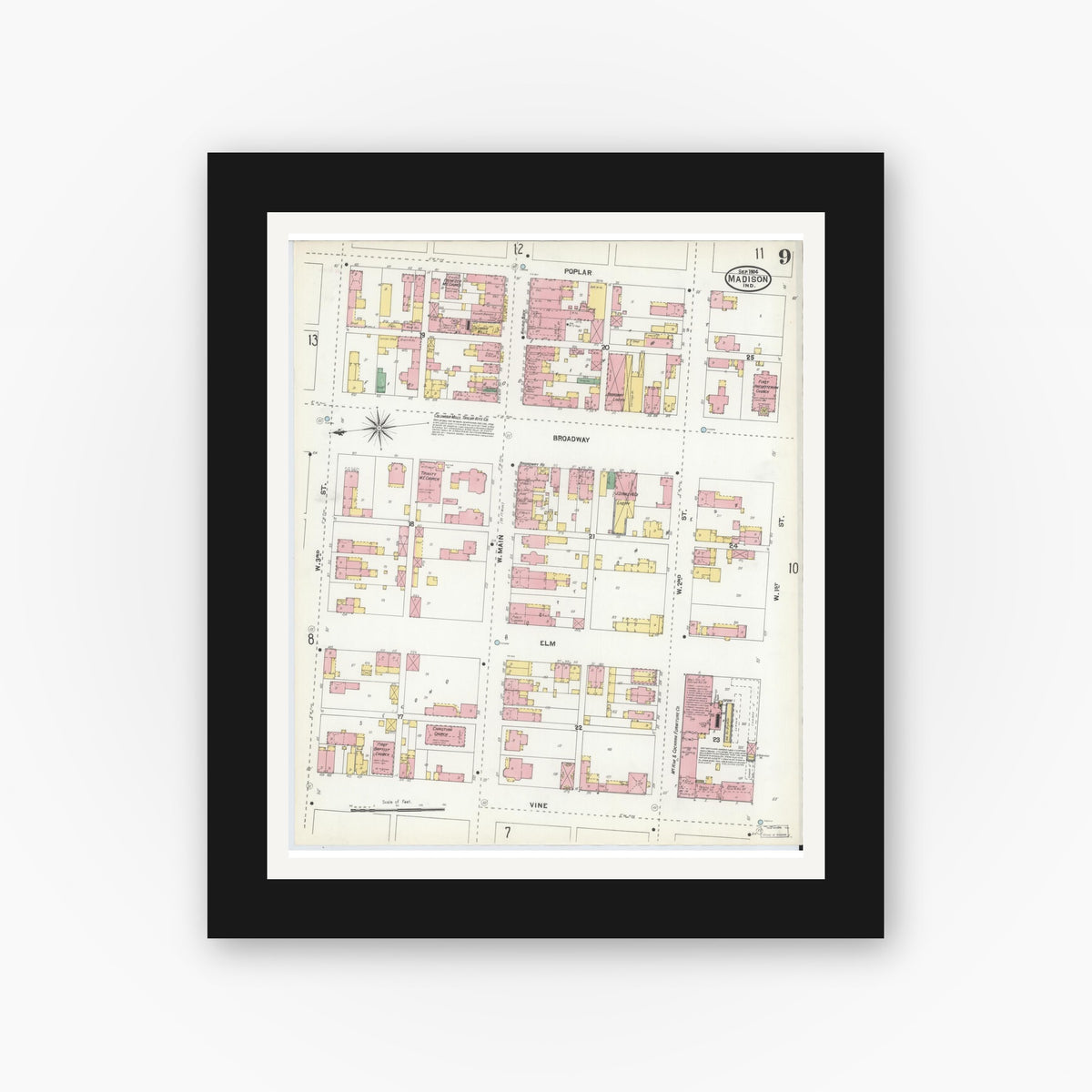 Old map wall art mockup — black gallery frame with white mat — Sanborn Fire Insurance Map from Madison, Jefferson County, Indiana (1904), Sheet #0009
