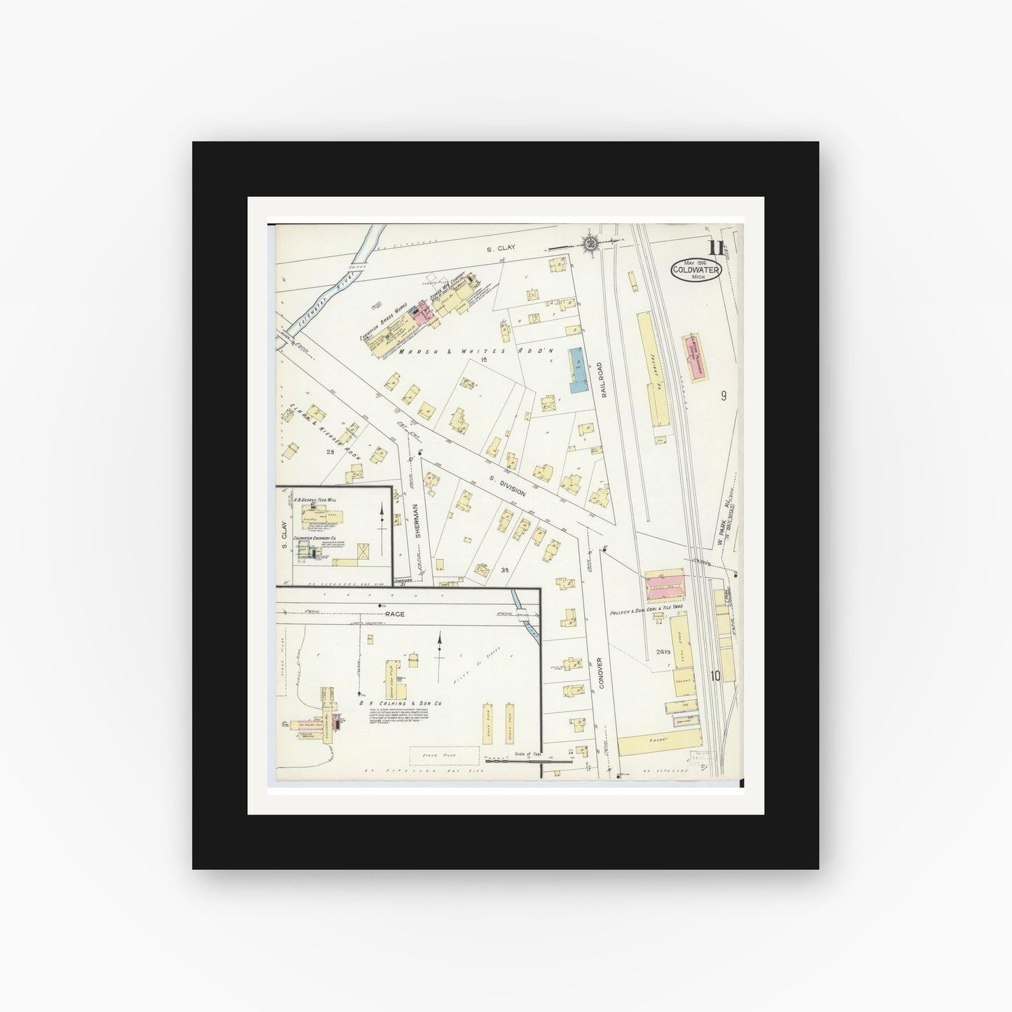 Old map wall art mockup — black gallery frame with white mat — Sanborn Fire Insurance Map from Coldwater, Branch County, Michigan (1914), Sheet #0011