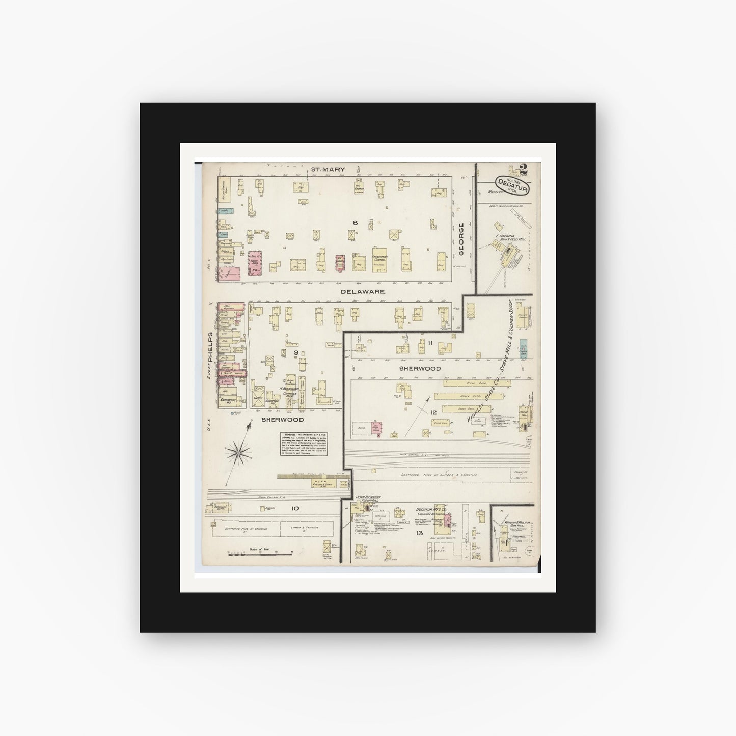Old map wall art mockup — black gallery frame with white mat — Sanborn Fire Insurance Map from Decatur, Van Buren County, Michigan (1884), Sheet #0002