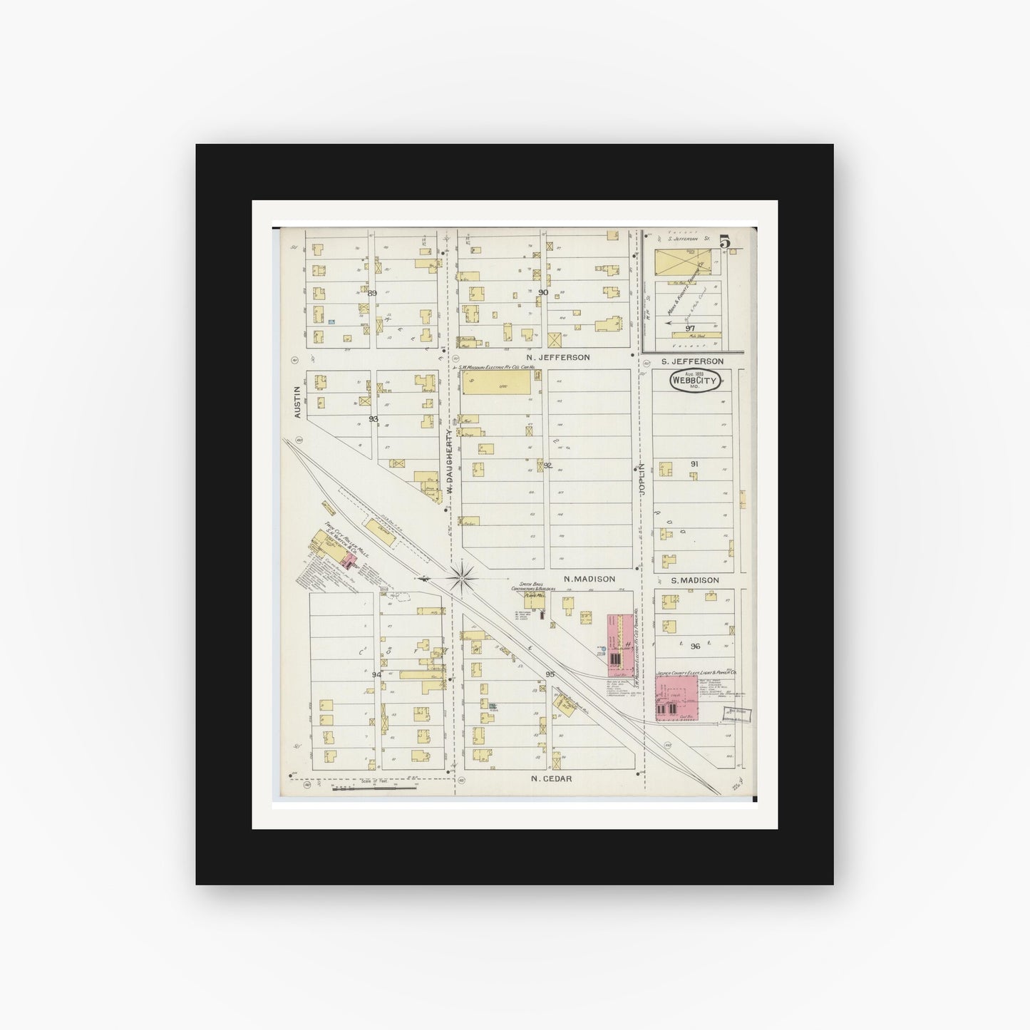 Old map wall art mockup — black gallery frame with white mat — Sanborn Fire Insurance Map from Webb City, Jasper County, Missouri (1893), Sheet #0005