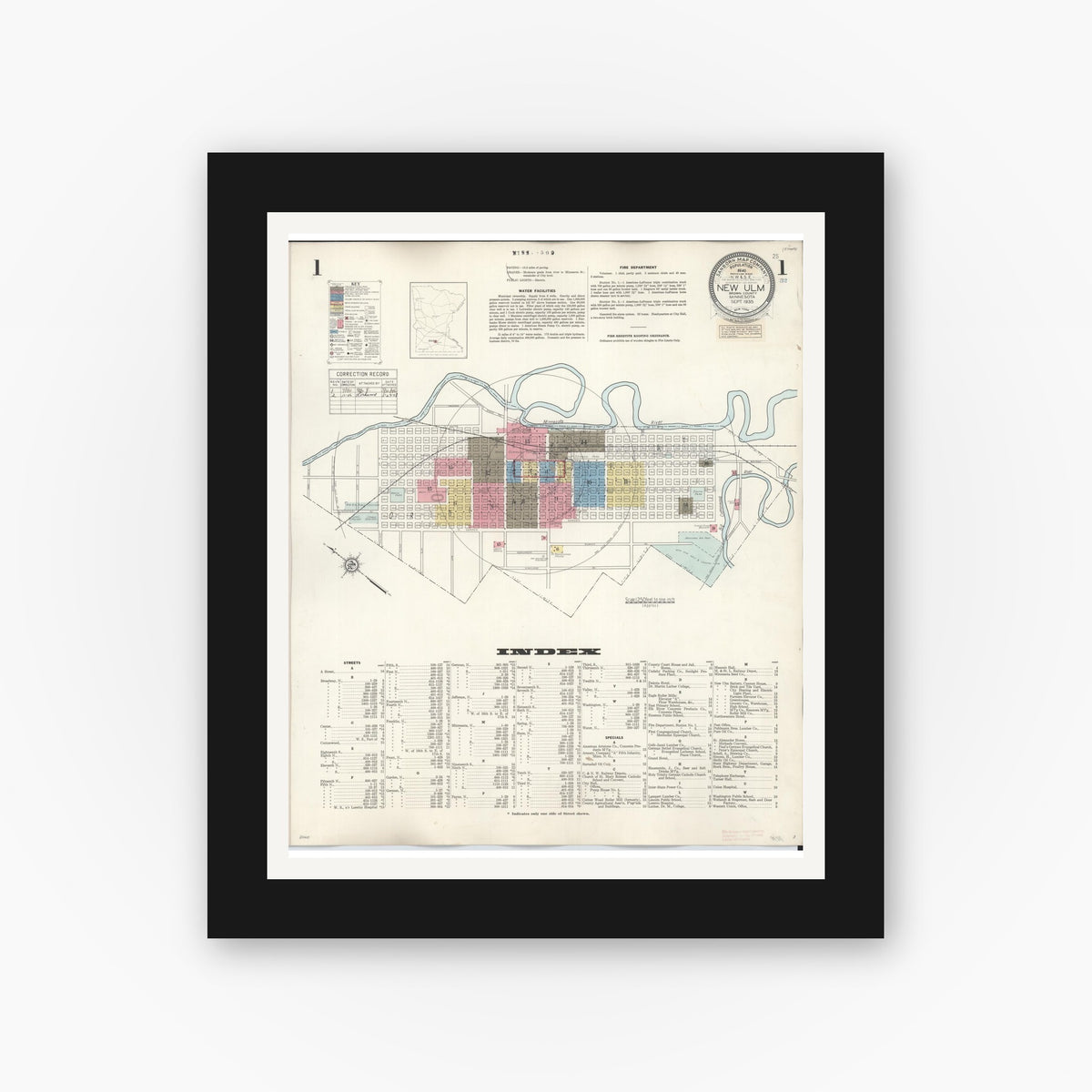 Old map wall art mockup — black gallery frame with white mat — Sanborn Fire Insurance Map from New Ulm, Brown County, Minnesota (1946), Sheet #0001