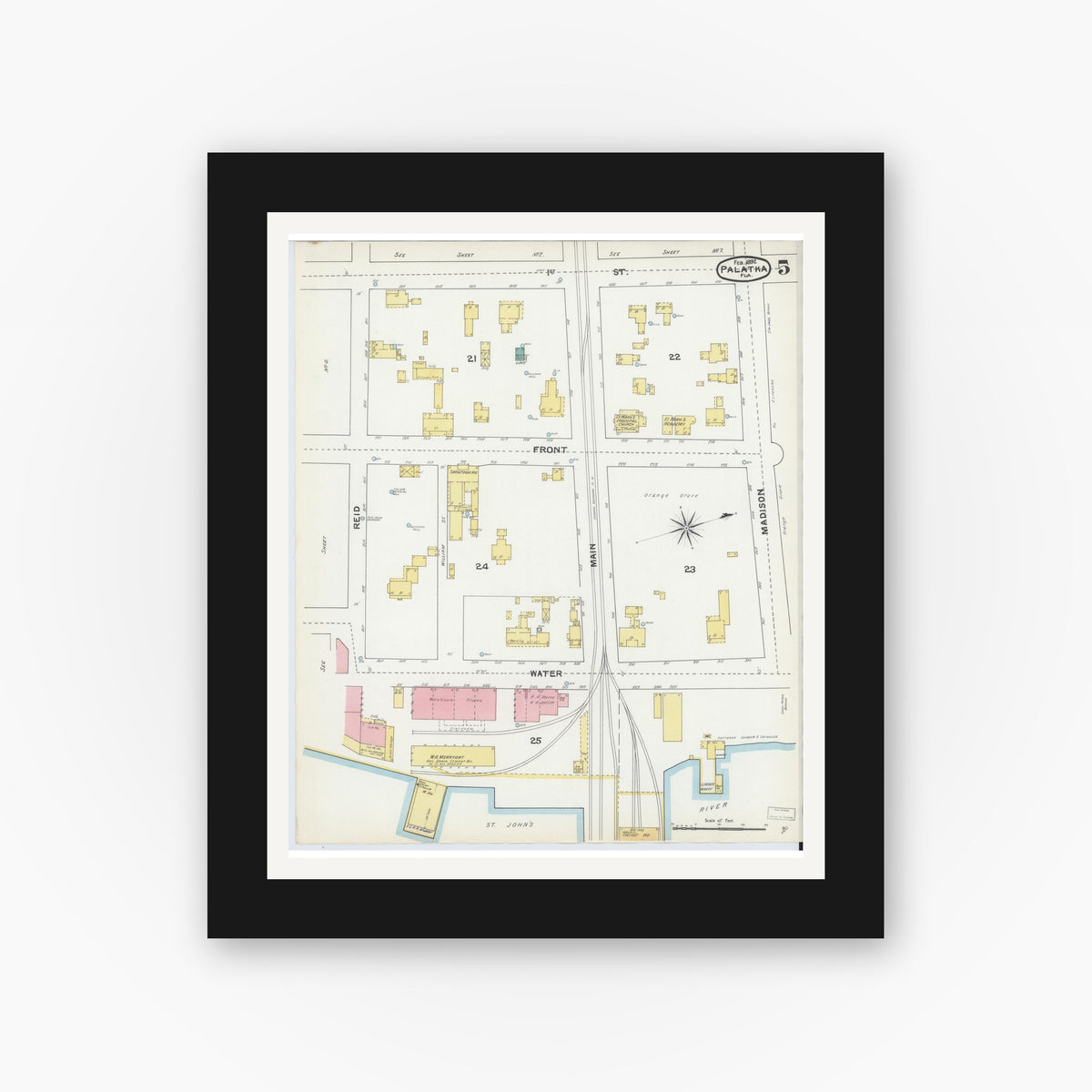 Old map wall art mockup — black gallery frame with white mat — Sanborn Fire Insurance Map from Palatka, Putnam County, Florida (1892), Sheet #0005
