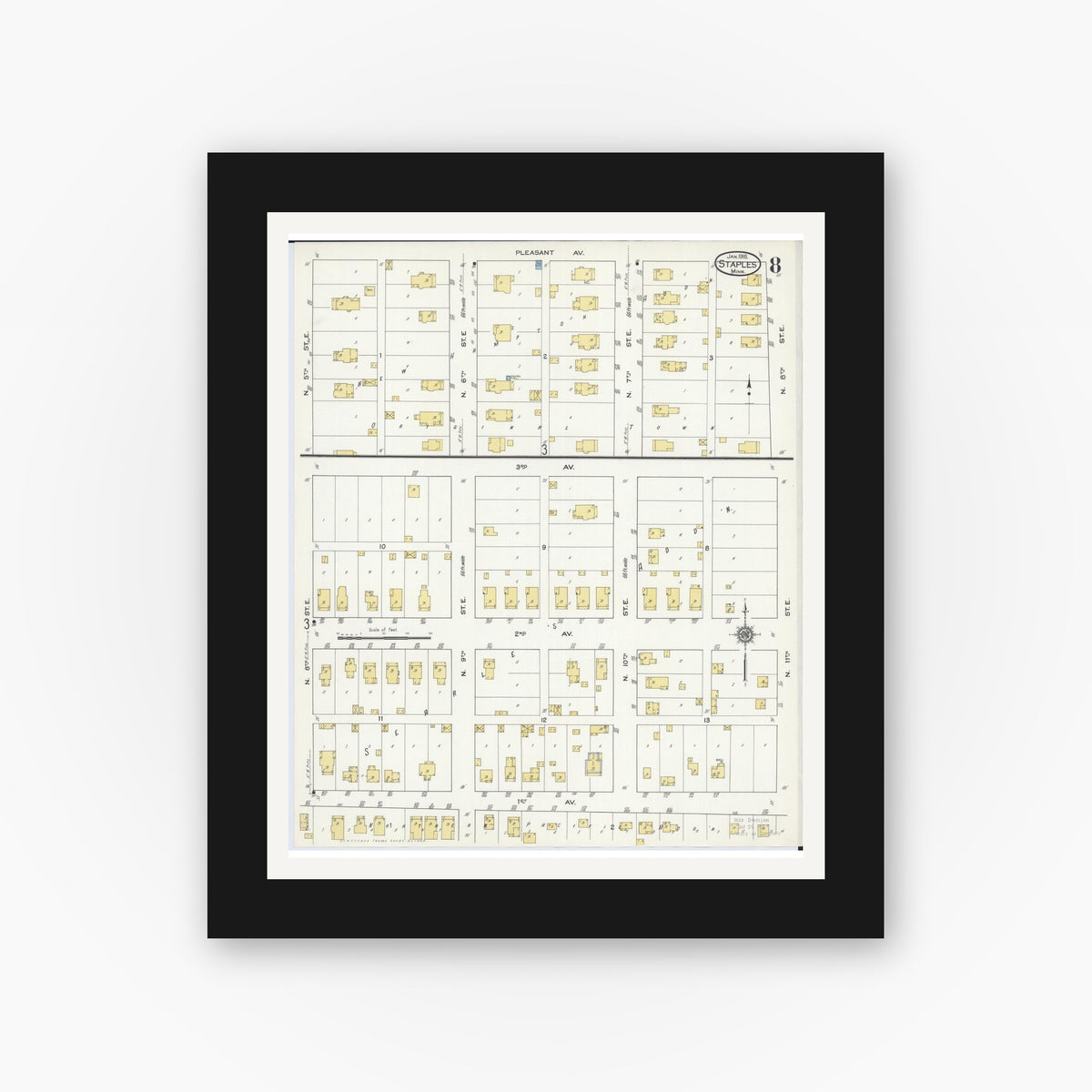 Old map wall art mockup — black gallery frame with white mat — Sanborn Fire Insurance Map from Staples, Todd County, Minnesota (1916), Sheet #0008