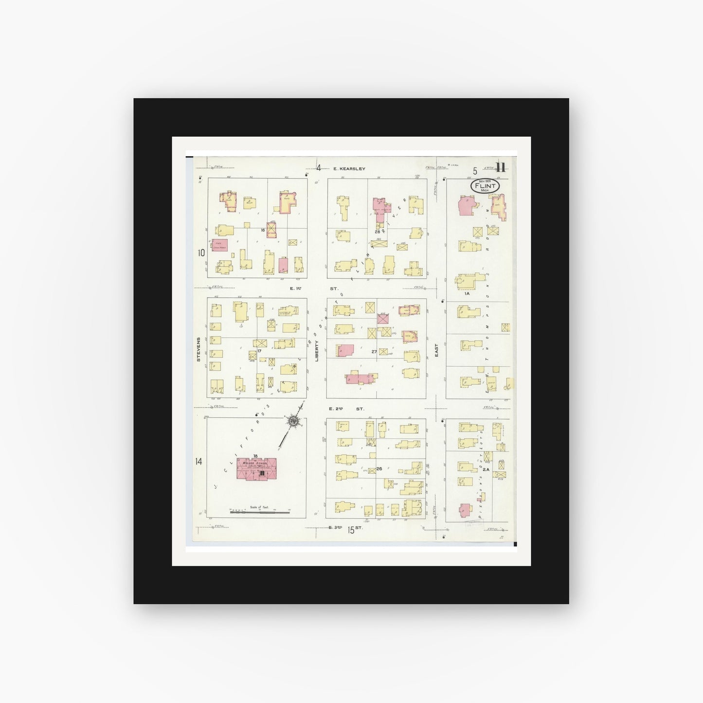 Old map wall art mockup — black gallery frame with white mat — Sanborn Fire Insurance Map from Flint, Genesee County, Michigan (1909), Sheet #0011