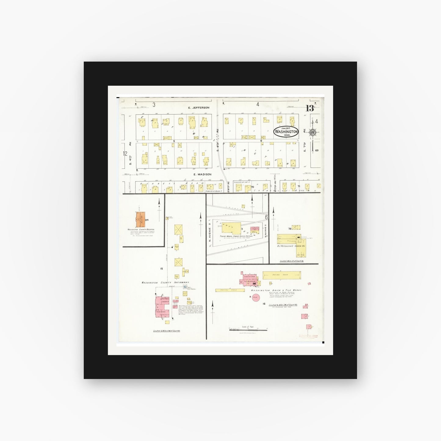 Old map wall art mockup — black gallery frame with white mat — Sanborn Fire Insurance Map from Washington, Washington County, Iowa (1917), Sheet #0013