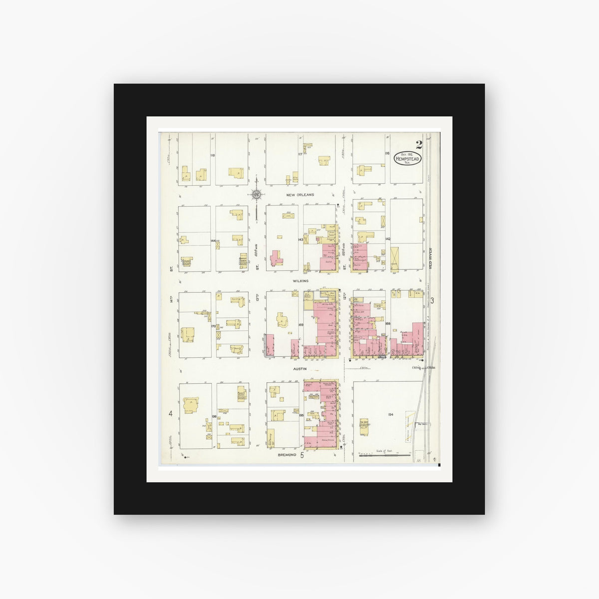 Old map wall art mockup — black gallery frame with white mat — Sanborn Fire Insurance Map from Hempstead, Waller County, Texas (1912), Sheet #0002