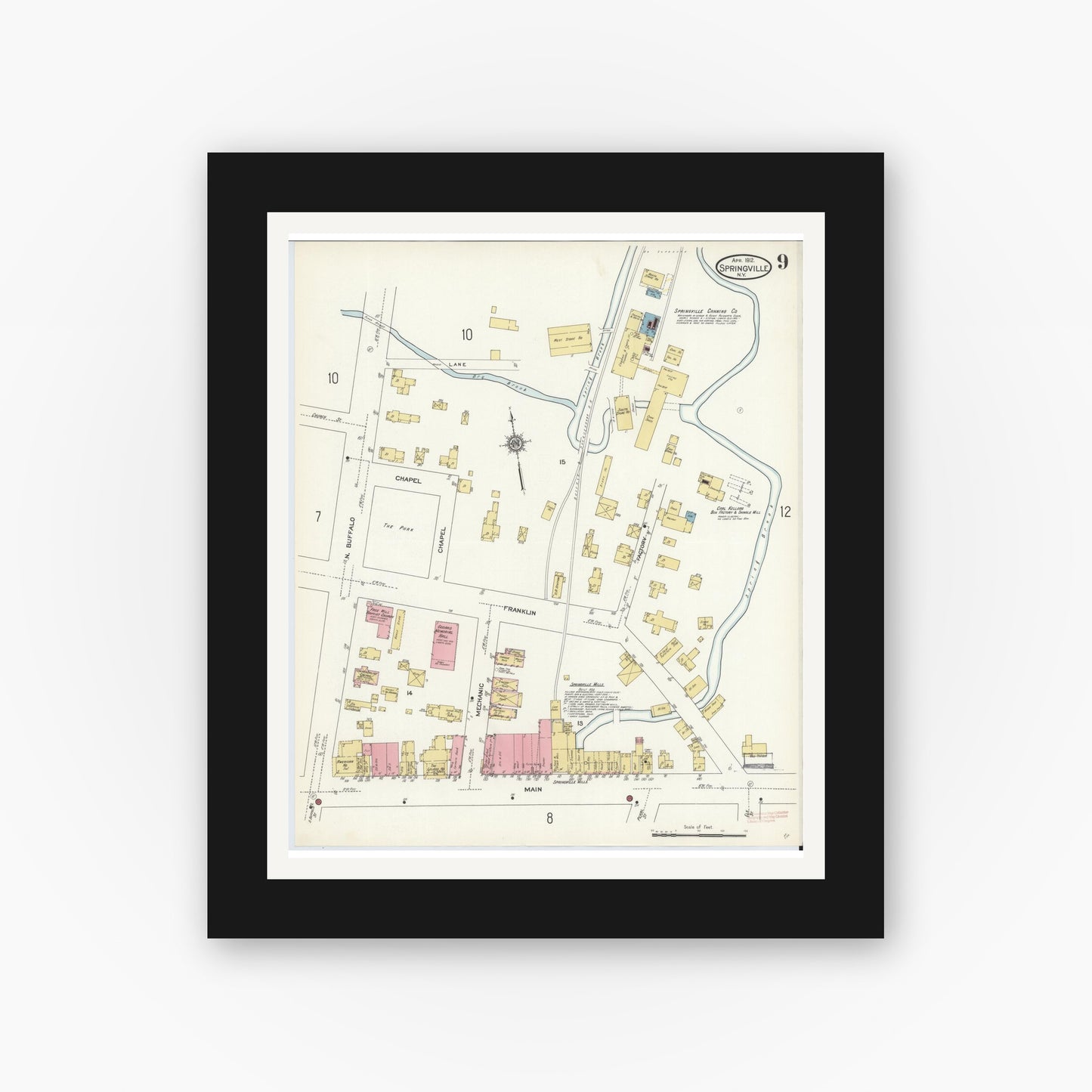 Old map wall art mockup — black gallery frame with white mat — Sanborn Fire Insurance Map from Springville, Erie County, New York (1912), Sheet #0009