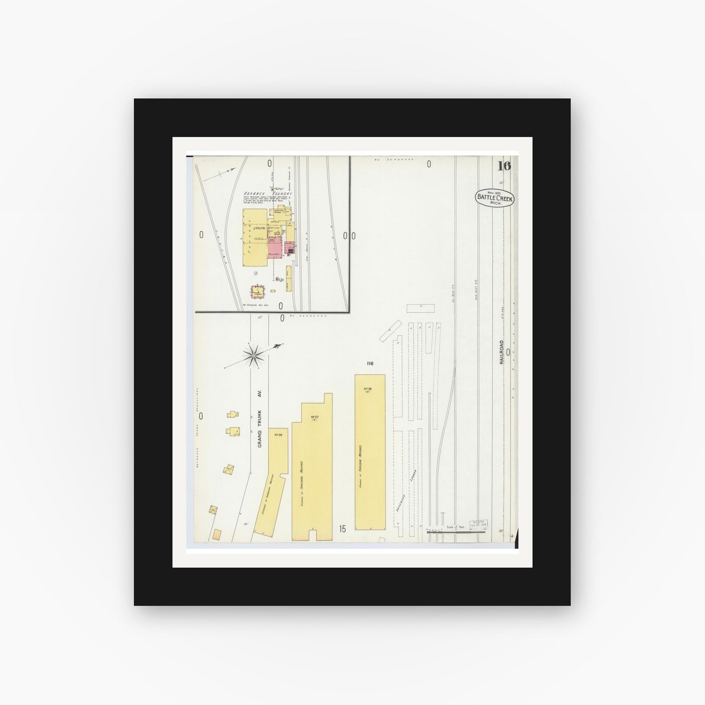 Old map wall art mockup — black gallery frame with white mat — Sanborn Fire Insurance Map from Battle Creek, Calhoun County, Michigan (1899), Sheet #0016