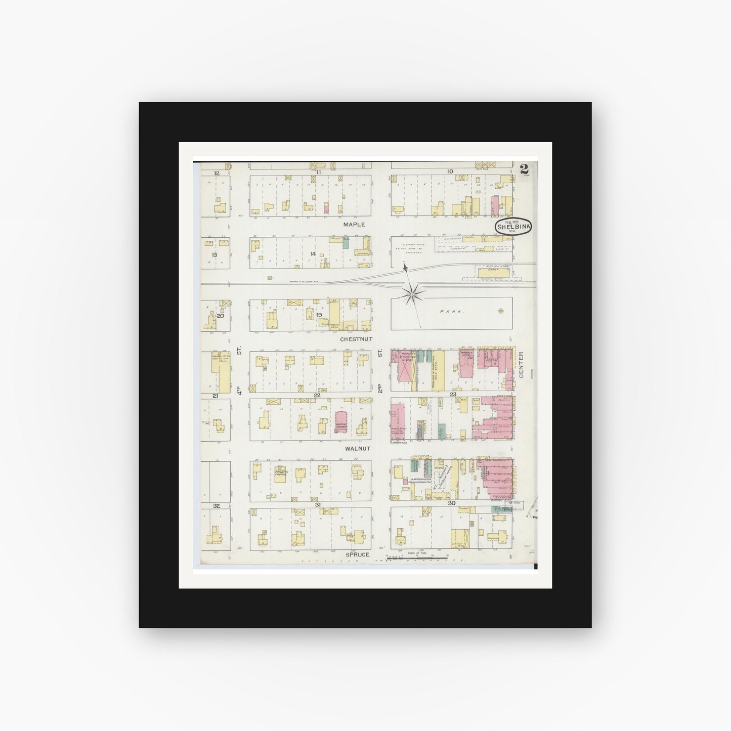 Old map wall art mockup — black gallery frame with white mat — Sanborn Fire Insurance Map from Shelbina, Shelby County, Missouri (1893), Sheet #0002