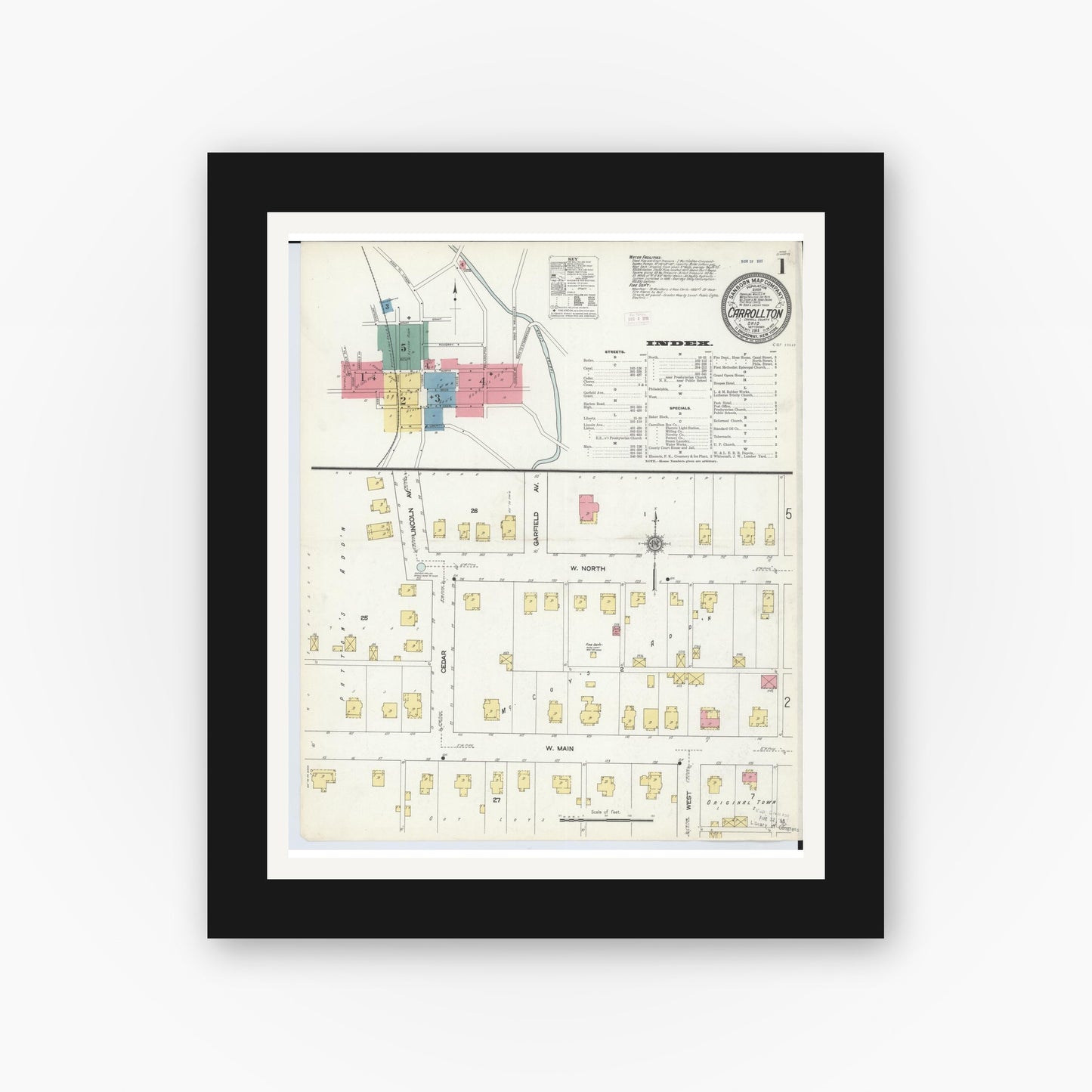 Old map wall art mockup — black gallery frame with white mat — Sanborn Fire Insurance Map from Carrollton, Carroll County, Ohio (1911), Sheet #0001