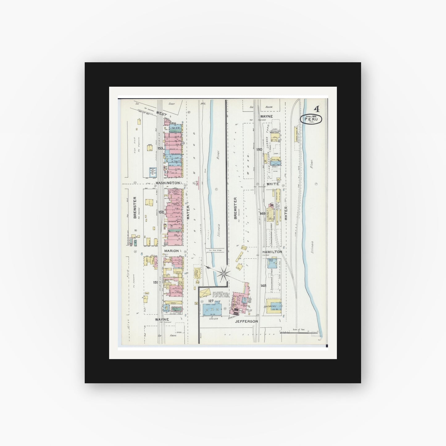 Old map wall art mockup — black gallery frame with white mat — Sanborn Fire Insurance Map from Peru, La Salle County, Illinois (1892), Sheet #0004