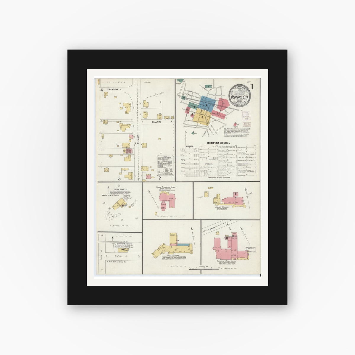 Old map wall art mockup — black gallery frame with white mat — Sanborn Fire Insurance Map from Bedford, Independent Cities, Virginia (1902), Sheet #0001