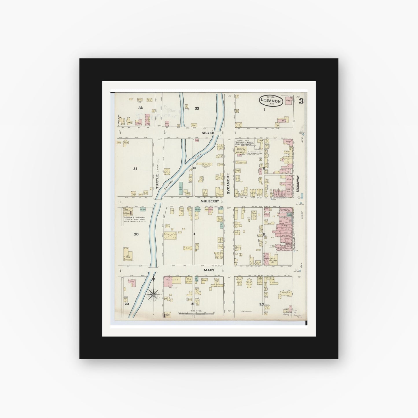 Old map wall art mockup — black gallery frame with white mat — Sanborn Fire Insurance Map from Lebanon, Warren County, Ohio (1890), Sheet #0003