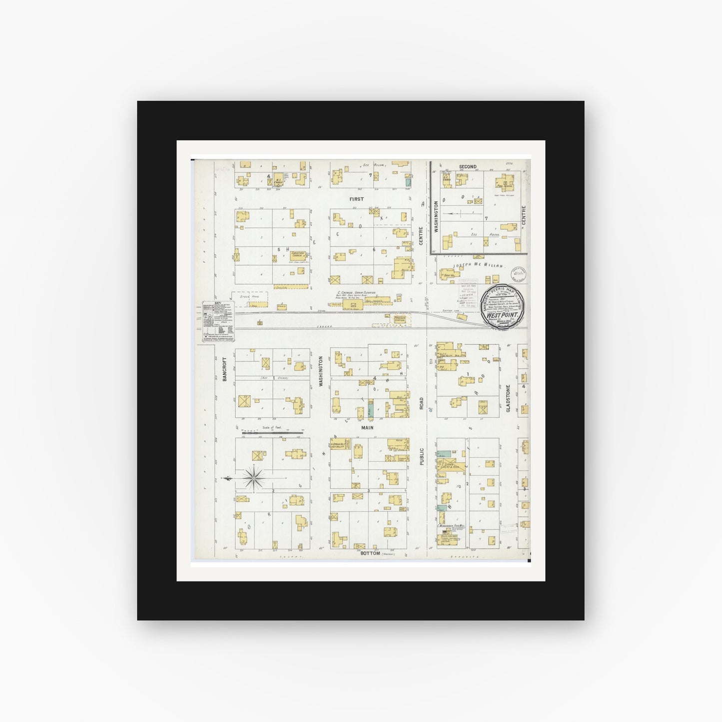 Old map wall art mockup — black gallery frame with white mat — Sanborn Fire Insurance Map from West Point, Hancock County, Illinois (1900), Sheet #0001