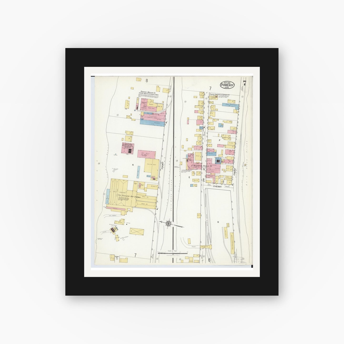 Old map wall art mockup — black gallery frame with white mat — Sanborn Fire Insurance Map from Pomeroy, Meigs County, Ohio (1916), Sheet #0007
