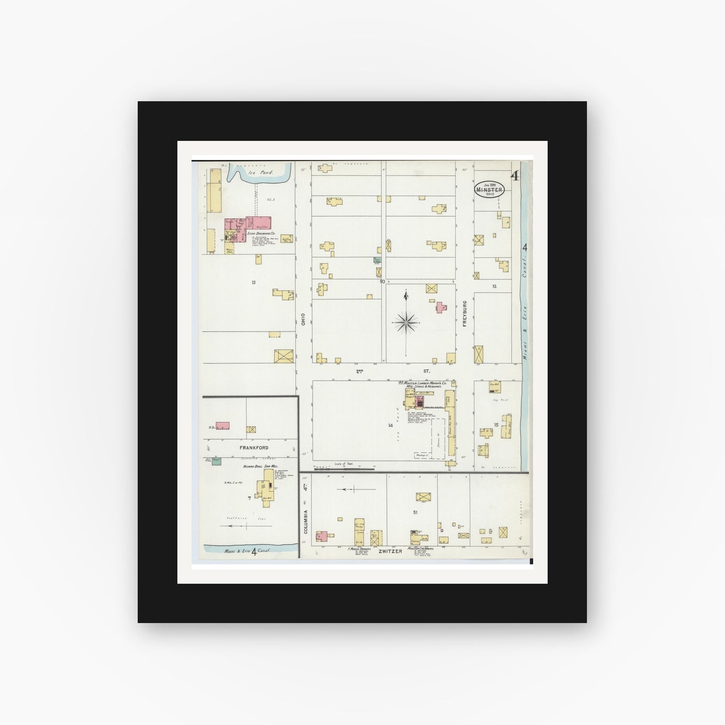 Old map wall art mockup — black gallery frame with white mat — Sanborn Fire Insurance Map from Minster, Auglaize County, Ohio (1899), Sheet #0004