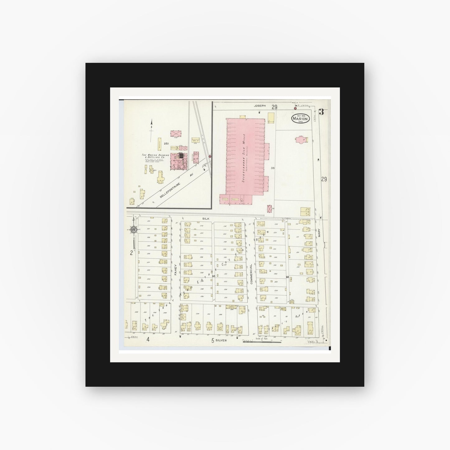 Old map wall art mockup — black gallery frame with white mat — Sanborn Fire Insurance Map from Marion, Marion County, Ohio (1914), Sheet #0003