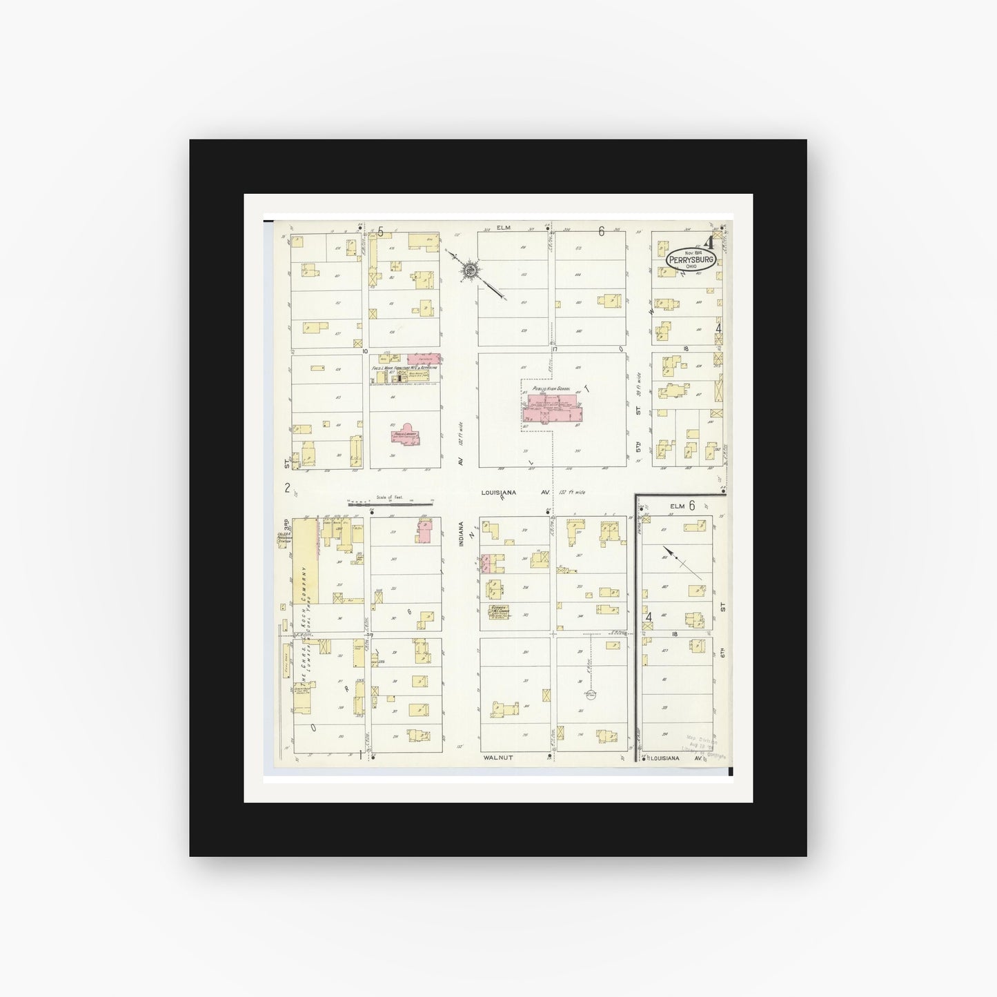 Old map wall art mockup — black gallery frame with white mat — Sanborn Fire Insurance Map from Perrysburg, Wood County, Ohio (1914), Sheet #0004