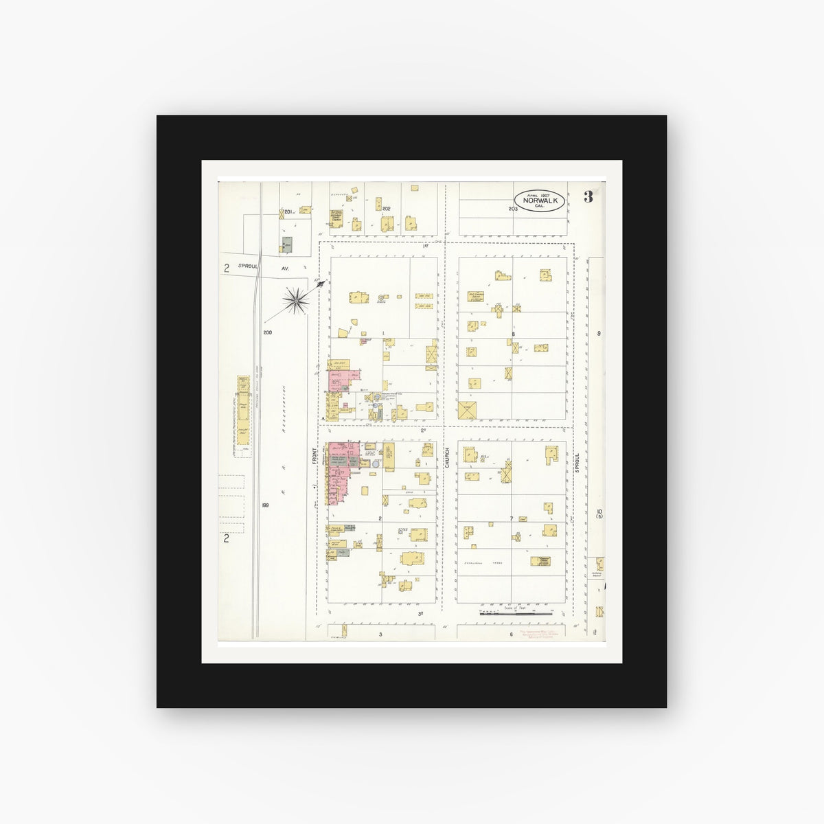 Old map wall art mockup — black gallery frame with white mat — Sanborn Fire Insurance Map from Norwalk, Los Angeles County, California (1907), Sheet #0003
