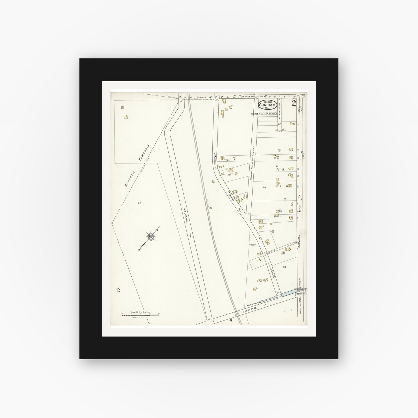 Old map wall art mockup — black gallery frame with white mat — Sanborn Fire Insurance Map from Chatham, Morris County, New Jersey (1921), Sheet #0002