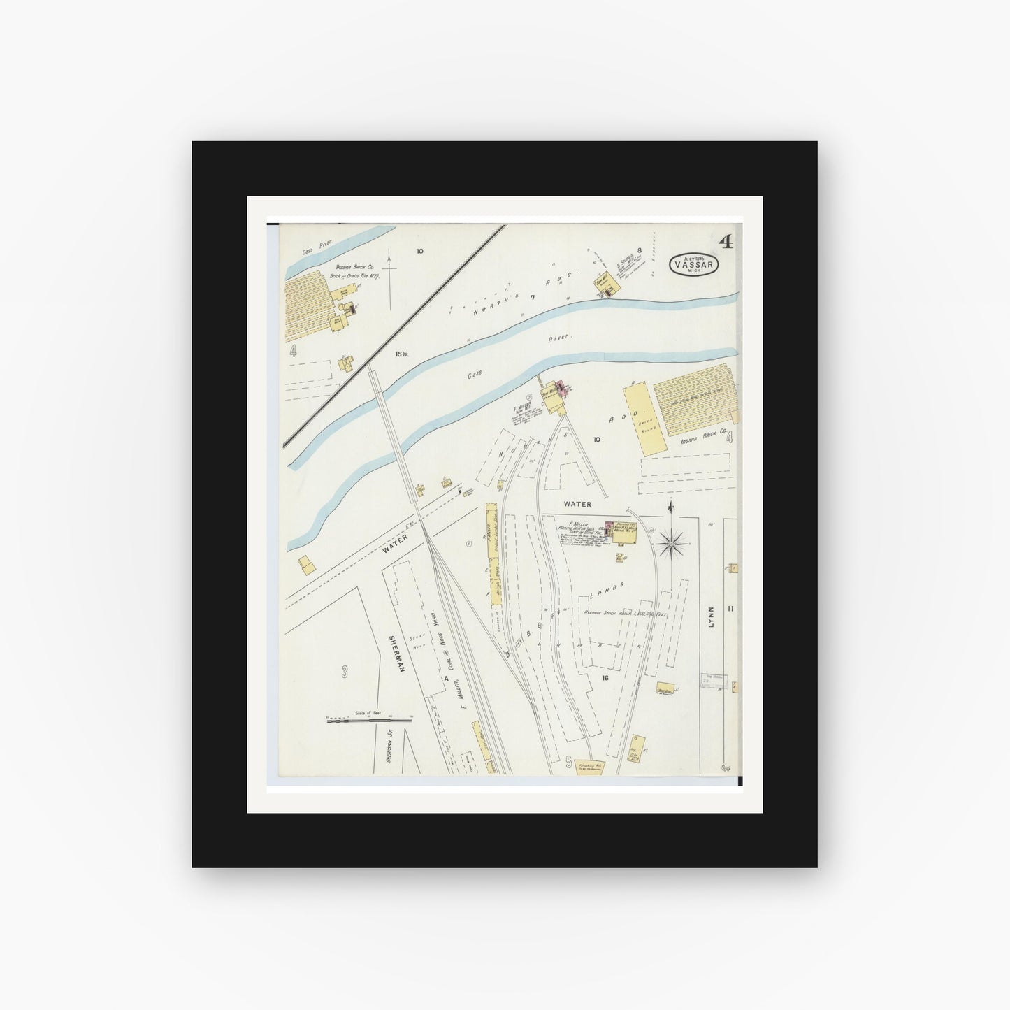 Old map wall art mockup — black gallery frame with white mat — Sanborn Fire Insurance Map from Vassar, Tuscola County, Michigan (1895), Sheet #0004