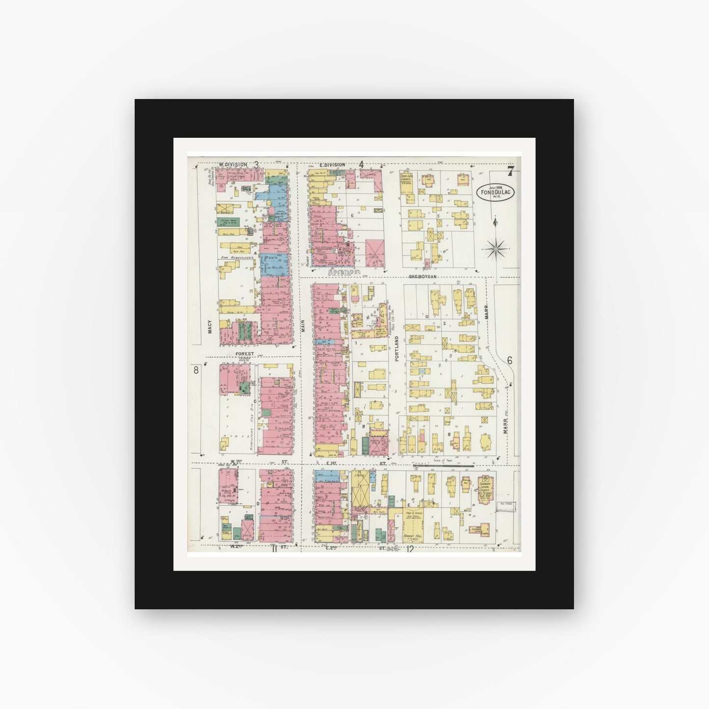 Old map wall art mockup — black gallery frame with white mat — Sanborn Fire Insurance Map from Fond du Lac, Fond du Lac County, Wisconsin (1898), Sheet #0007