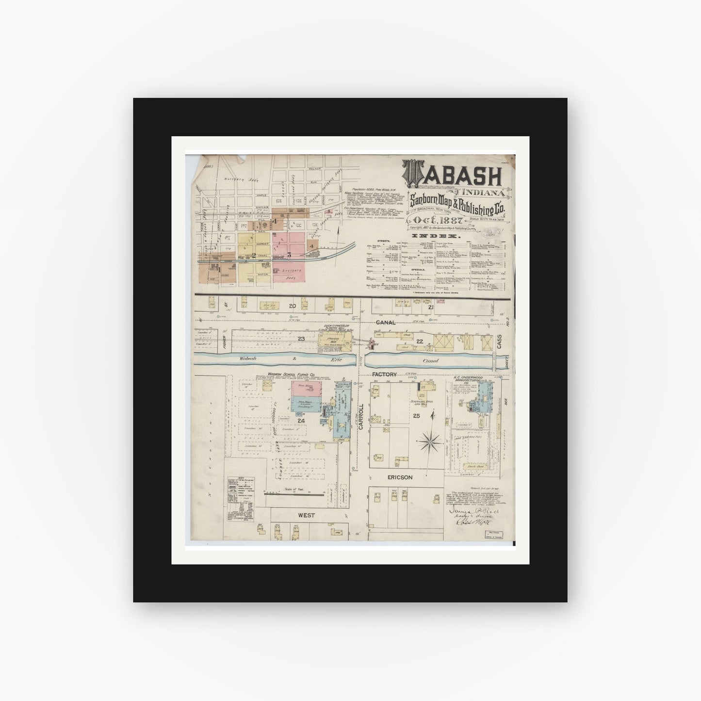 Old map wall art mockup — black gallery frame with white mat — Sanborn Fire Insurance Map from Wabash, Wabash County, Indiana (1887) - Complete Map Set