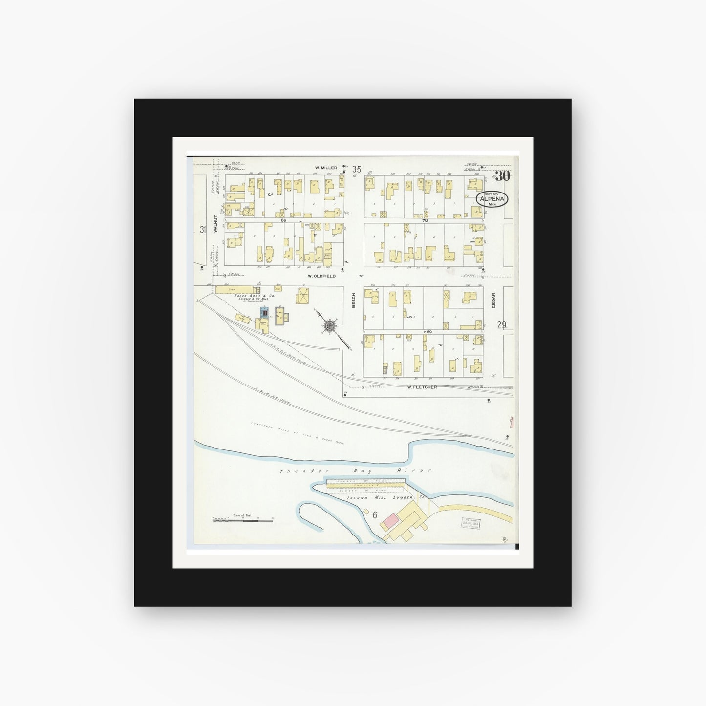 Old map wall art mockup — black gallery frame with white mat — Sanborn Fire Insurance Map from Alpena, Alpena County, Michigan (1910), Sheet #0030