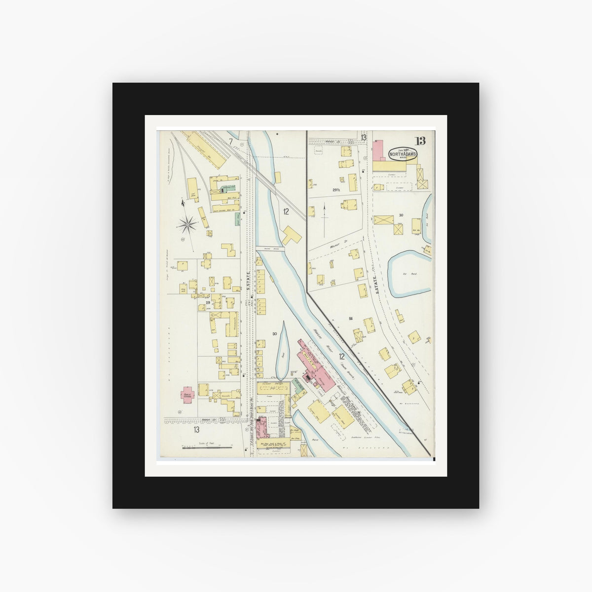 Old map wall art mockup — black gallery frame with white mat — Sanborn Fire Insurance Map from North Adams, Berkshire County, Massachusetts (1897), Sheet #0013