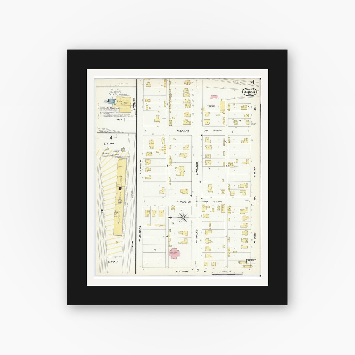Old map wall art mockup — black gallery frame with white mat — Sanborn Fire Insurance Map from Denison, Grayson County, Texas (1908), Sheet #0004