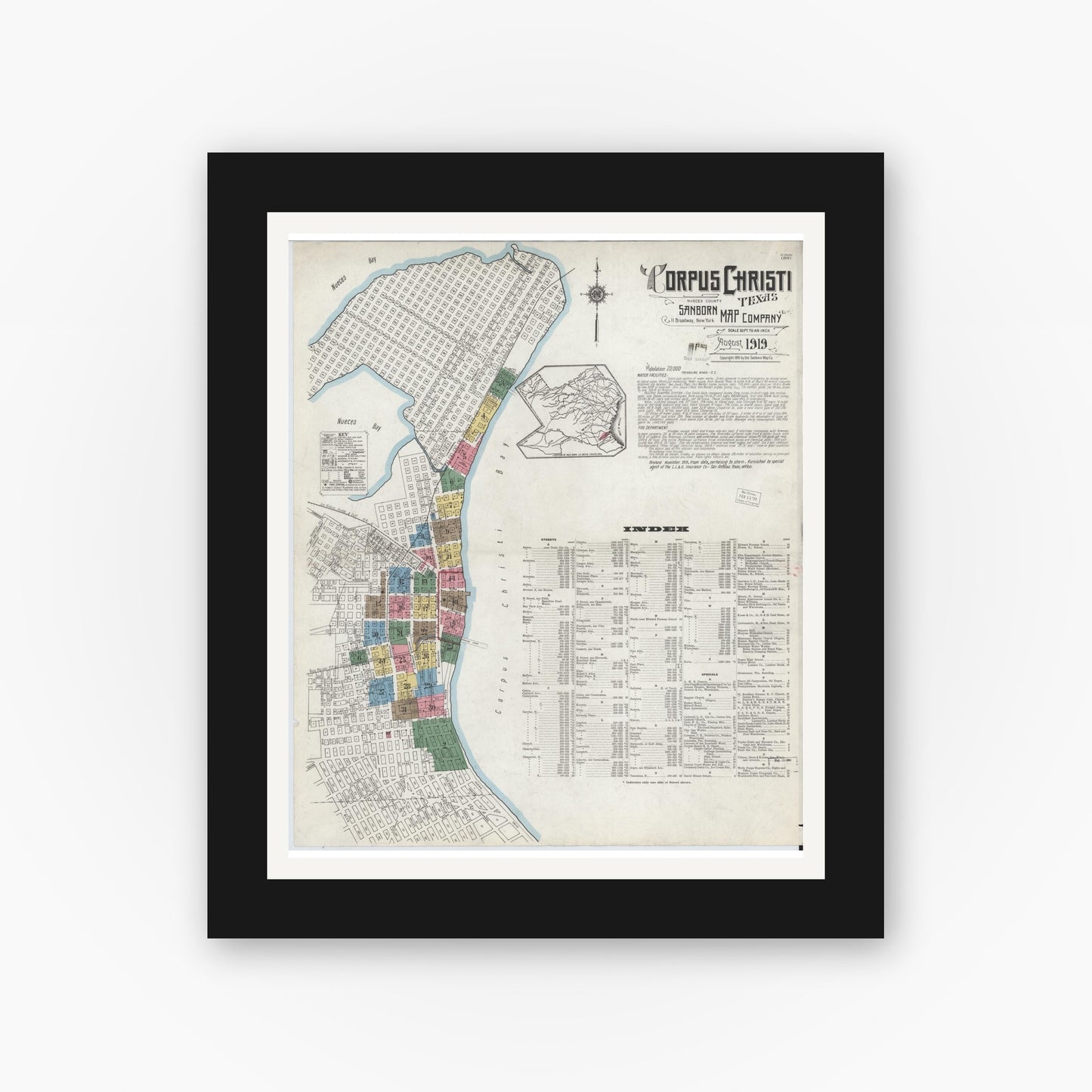 Old map wall art mockup — black gallery frame with white mat — Sanborn Fire Insurance Map from Corpus Christi, Nueces County, Texas (1919), Sheet #0001