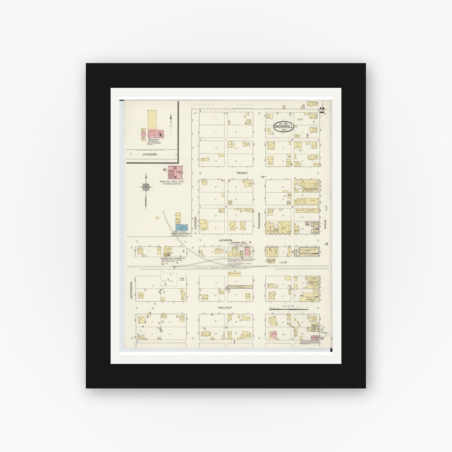Old map wall art mockup — black gallery frame with white mat — Sanborn Fire Insurance Map from Grover Hill, Paulding County, Ohio (1913), Sheet #0002