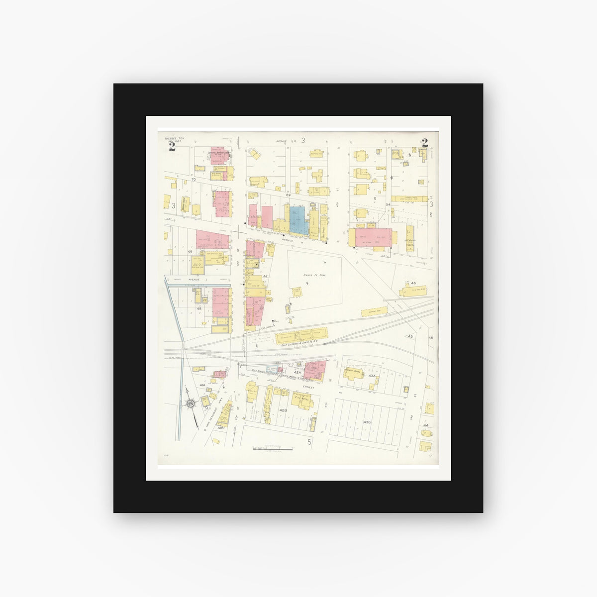 Old map wall art mockup — black gallery frame with white mat — Sanborn Fire Insurance Map from Silsbee, Hardin County, Texas (1937), Sheet #0002