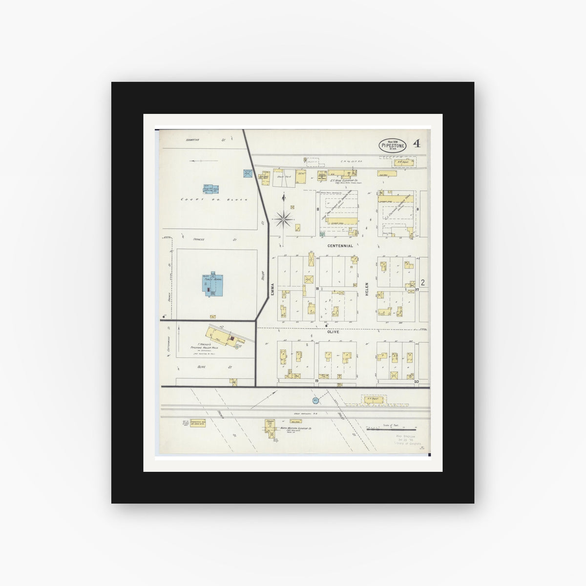 Old map wall art mockup — black gallery frame with white mat — Sanborn Fire Insurance Map from Pipestone, Pipestone County, Minnesota (1898), Sheet #0004