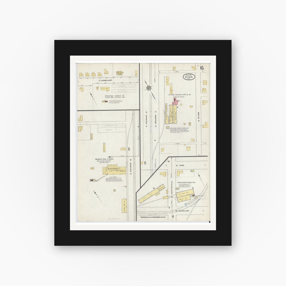 Old map wall art mockup — black gallery frame with white mat — Sanborn Fire Insurance Map from Dunn, Harnett County, North Carolina (1913), Sheet #0006