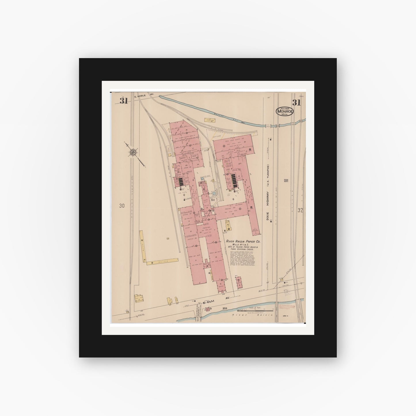 Old map wall art mockup — black gallery frame with white mat — Sanborn Fire Insurance Map from Monroe, Monroe County, Michigan (1922), Sheet #0031