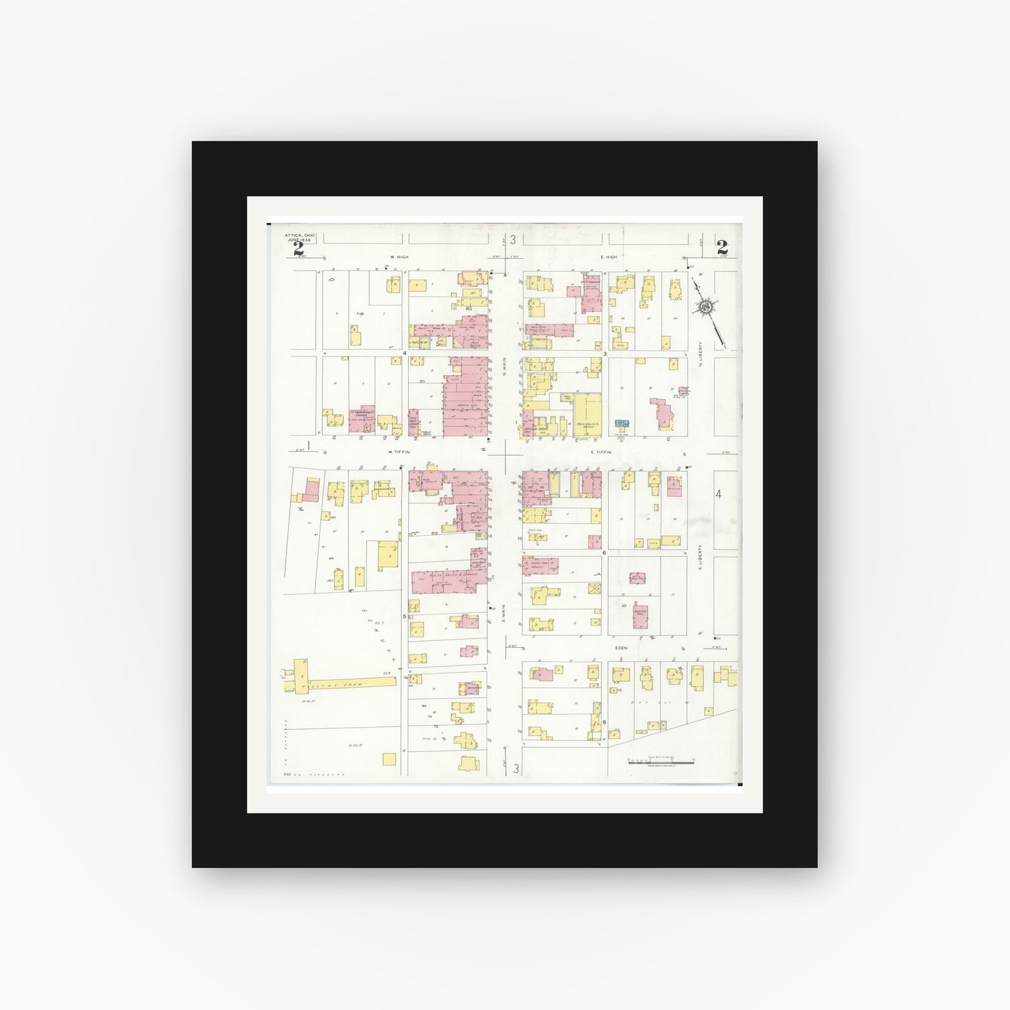 Old map wall art mockup — black gallery frame with white mat — Sanborn Fire Insurance Map from Attica, Seneca County, Ohio (1938), Sheet #0002