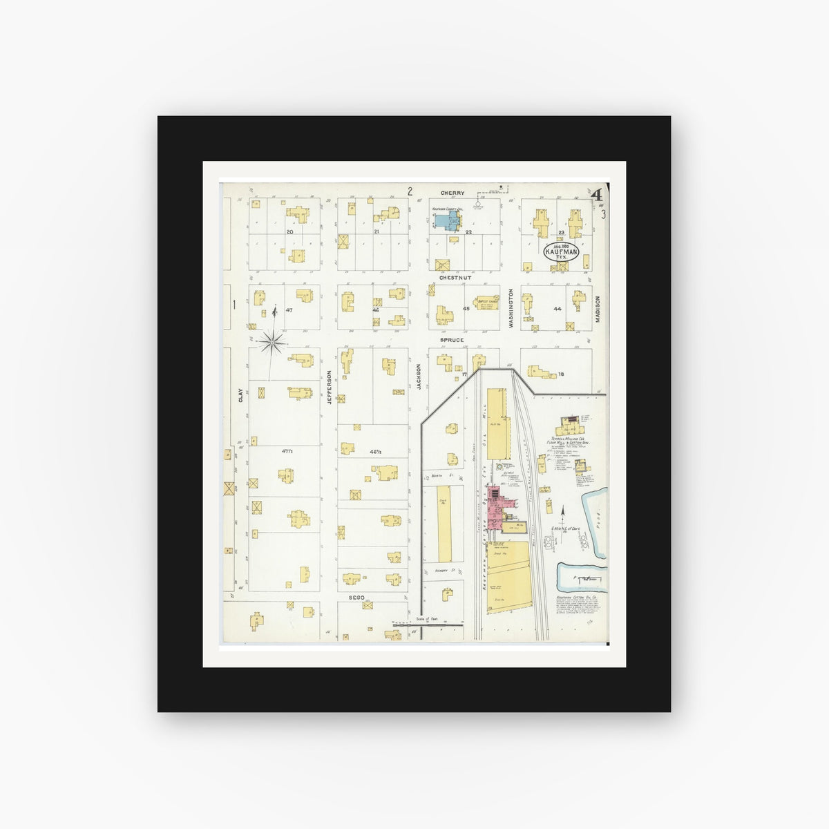 Old map wall art mockup — black gallery frame with white mat — Sanborn Fire Insurance Map from Kaufman, Kaufman County, Texas (1905), Sheet #0004