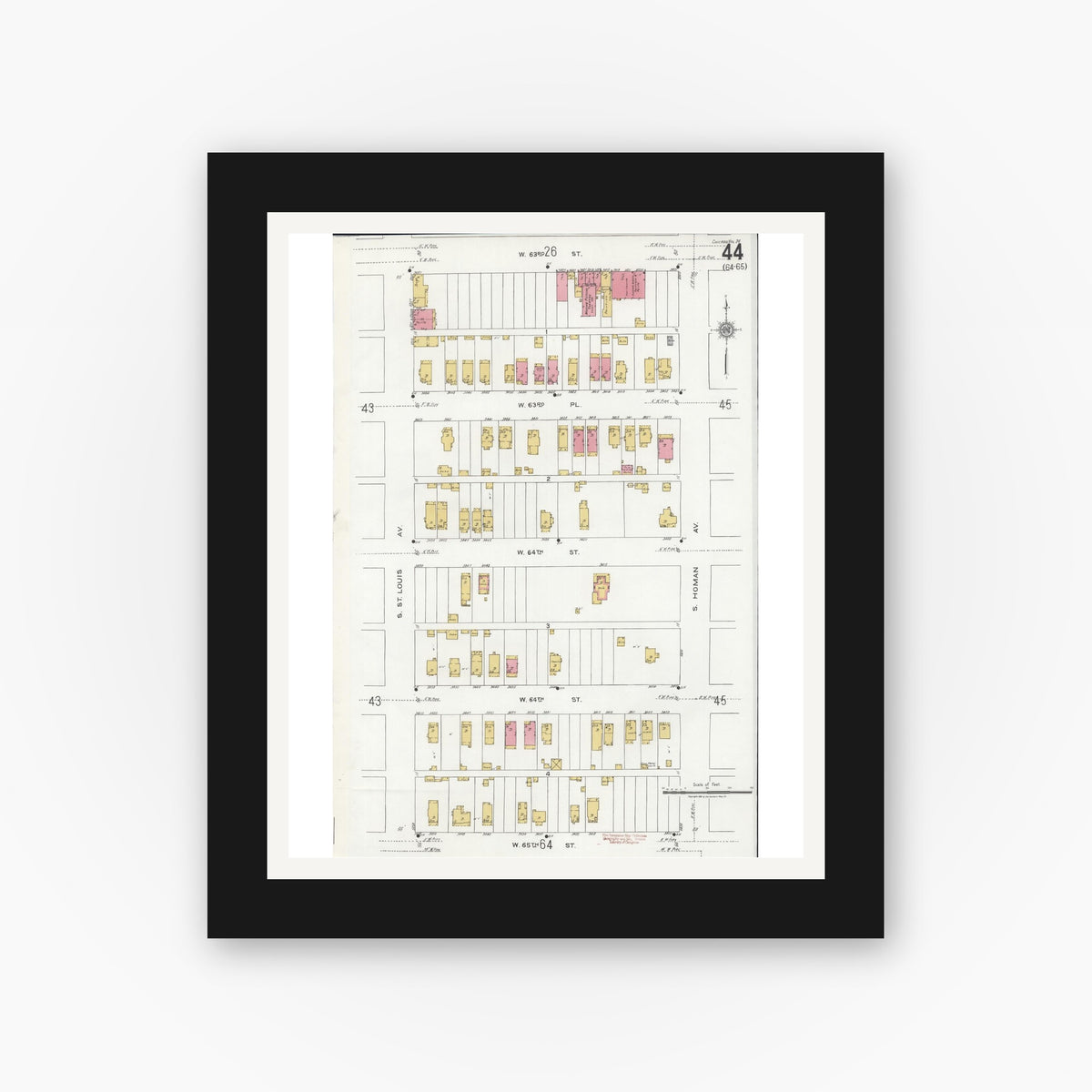 Old map wall art mockup — black gallery frame with white mat — Sanborn Fire Insurance Map from Chicago, Cook County, Illinois (1920), Sheet #0044