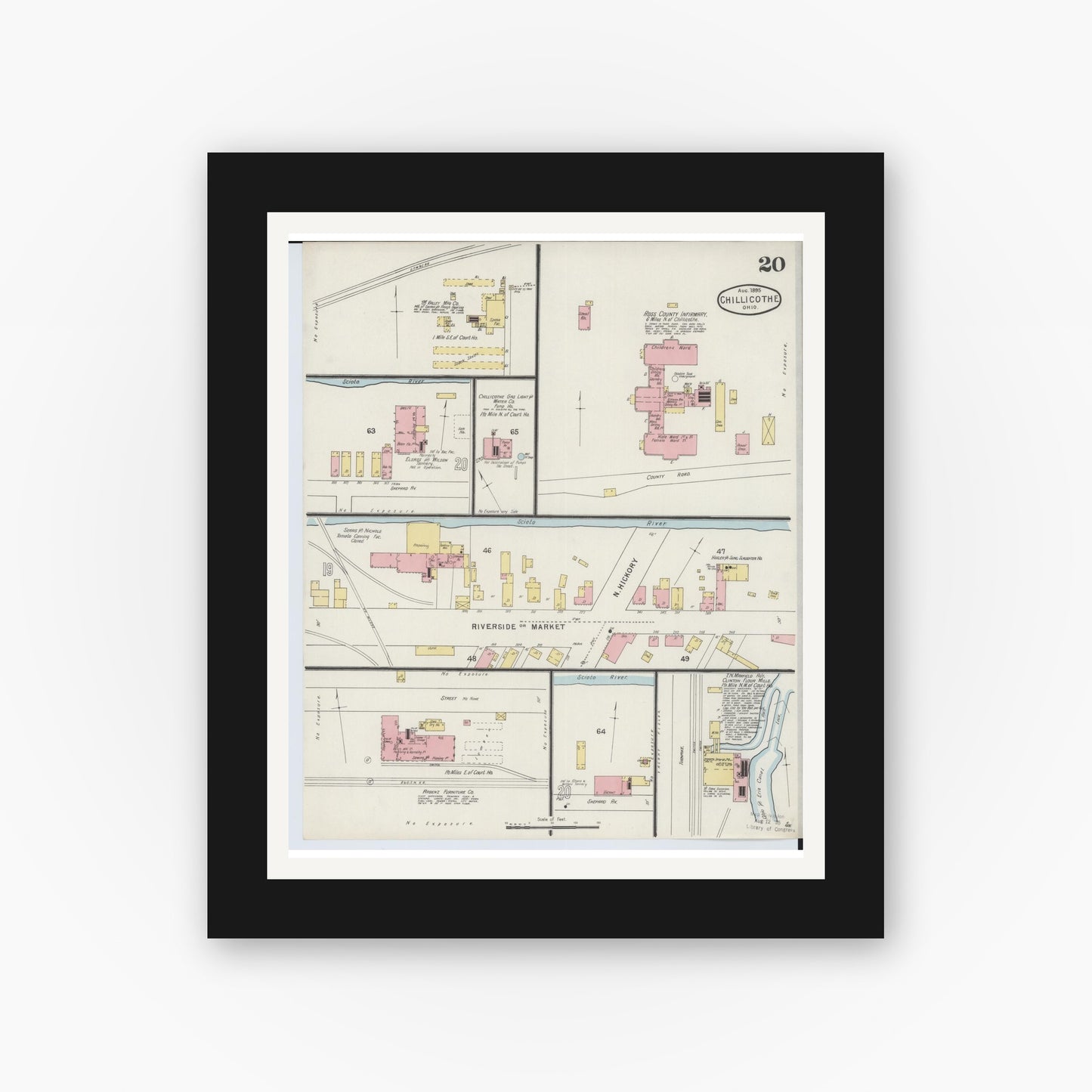 Old map wall art mockup — black gallery frame with white mat — Sanborn Fire Insurance Map from Chillicothe, Ross County, Ohio (1895), Sheet #0020