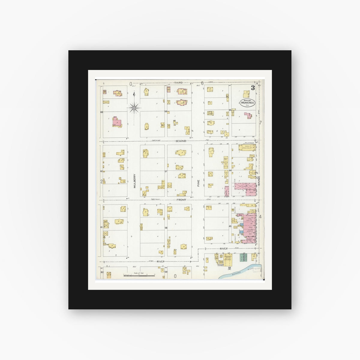 Old map wall art mockup — black gallery frame with white mat — Sanborn Fire Insurance Map from Momence, Kankakee County, Illinois (1907), Sheet #0003