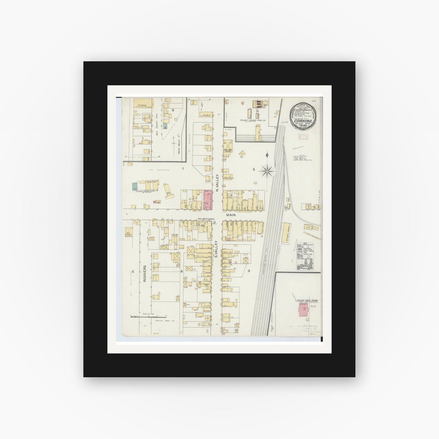 Old map wall art mockup — black gallery frame with white mat — Sanborn Fire Insurance Map from Corning, Perry County, Ohio (1893), Sheet #0001