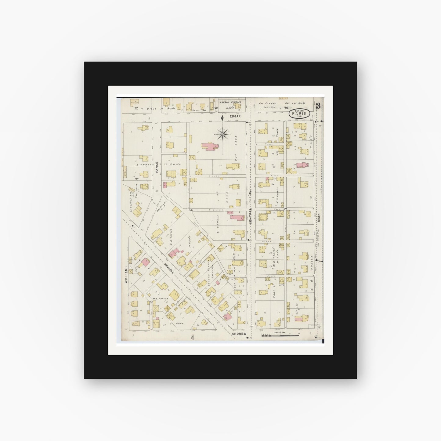 Old map wall art mockup — black gallery frame with white mat — Sanborn Fire Insurance Map from Paris, Edgar County, Illinois (1895), Sheet #0003