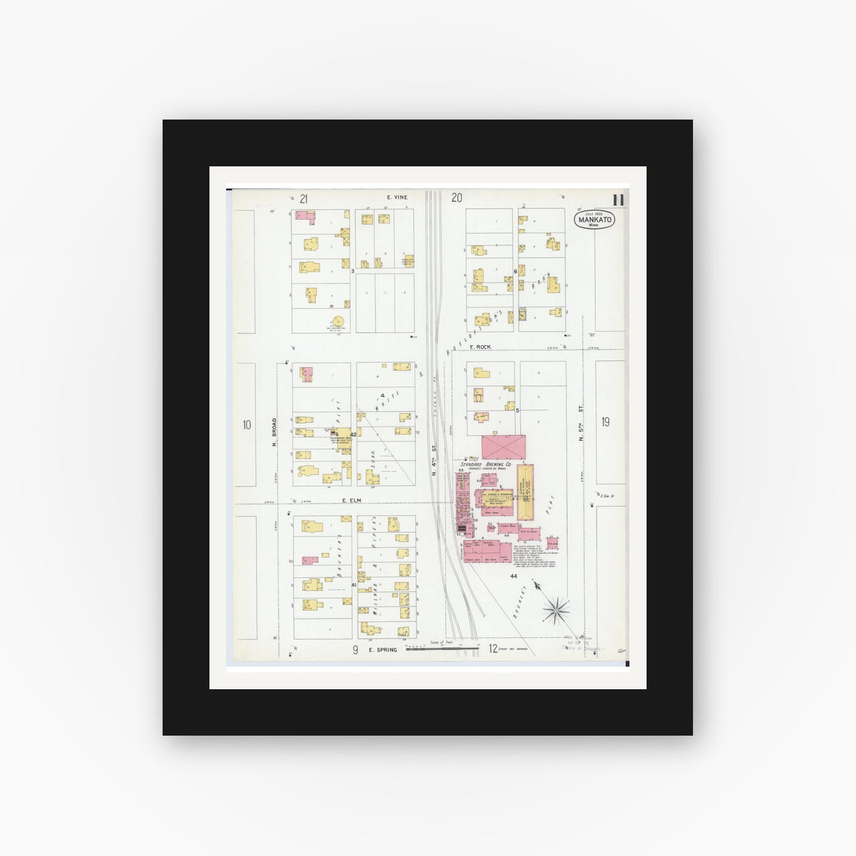 Old map wall art mockup — black gallery frame with white mat — Sanborn Fire Insurance Map from Mankato, Blue Earth County, Minnesota (1900), Sheet #0011