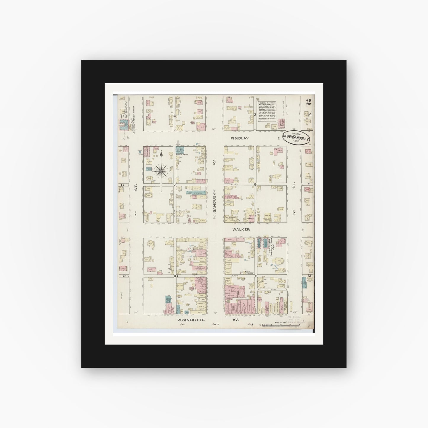 Old map wall art mockup — black gallery frame with white mat — Sanborn Fire Insurance Map from Upper Sandusky, Wyandot County, Ohio (1884), Sheet #0002