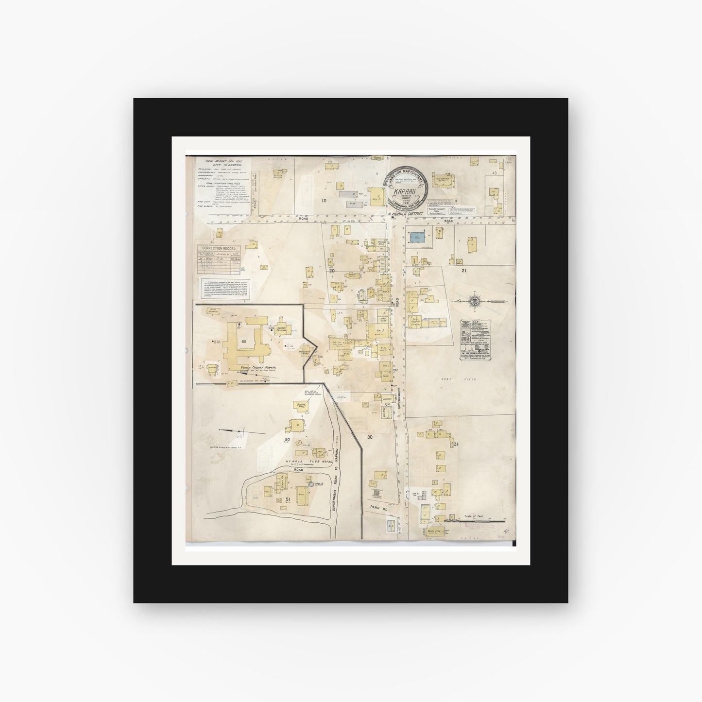 Old map wall art mockup β black gallery frame with white mat β Sanborn Fire Insurance Map from Kapaau, Hawaii County, Hawaii (1956), Sheet #0001