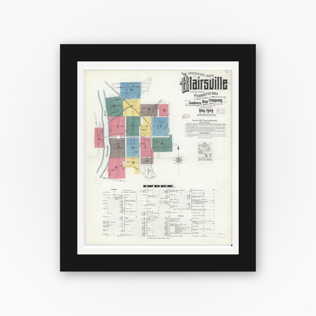 Old map wall art mockup — black gallery frame with white mat — Sanborn Fire Insurance Map from Blairsville, Indiana County, Pennsylvania (1909) - Complete Map Set