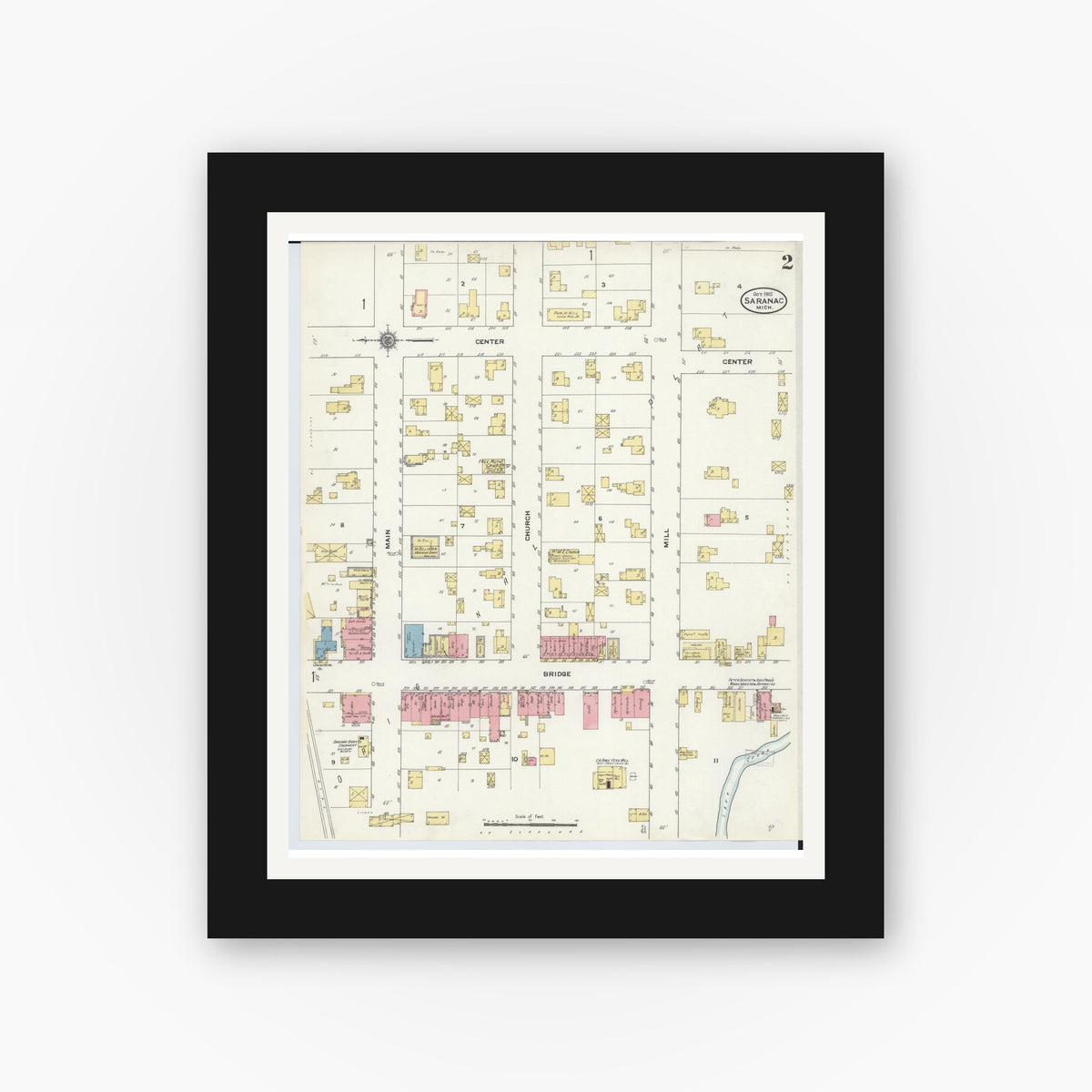 Old map wall art mockup — black gallery frame with white mat — Sanborn Fire Insurance Map from Saranac, Ionia County, Michigan (1910), Sheet #0002