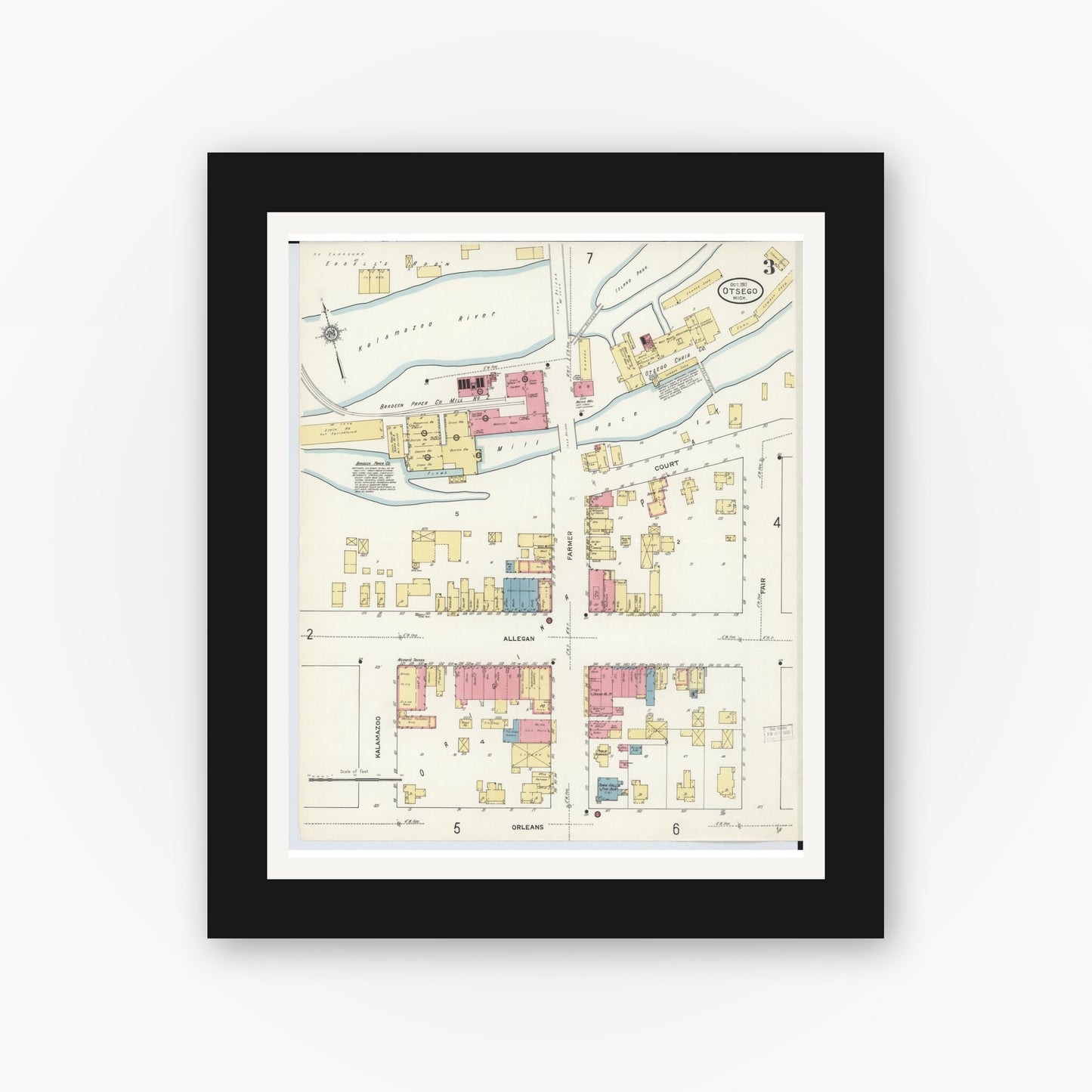 Old map wall art mockup — black gallery frame with white mat — Sanborn Fire Insurance Map from Otsego, Allegan County, Michigan (1911), Sheet #0003
